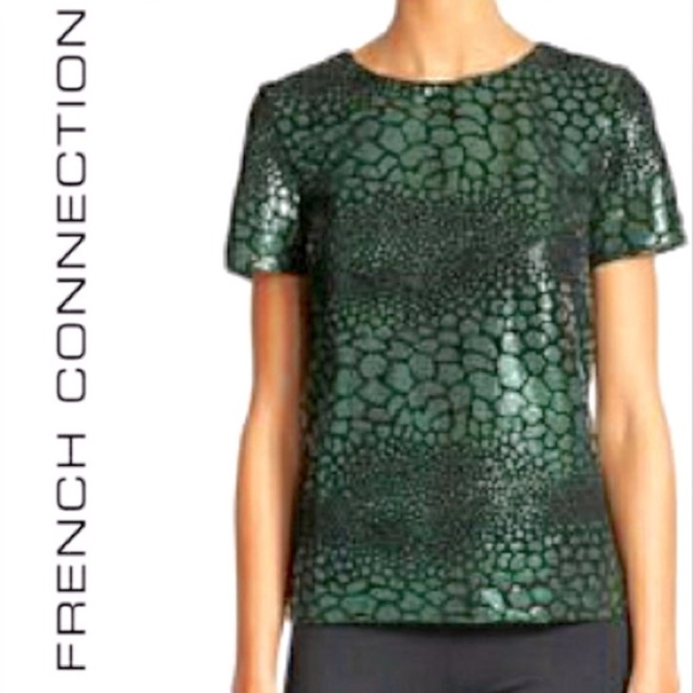 French Connection Croc Flock Short Sleeve Glam Flocked Sequined Boxy Top